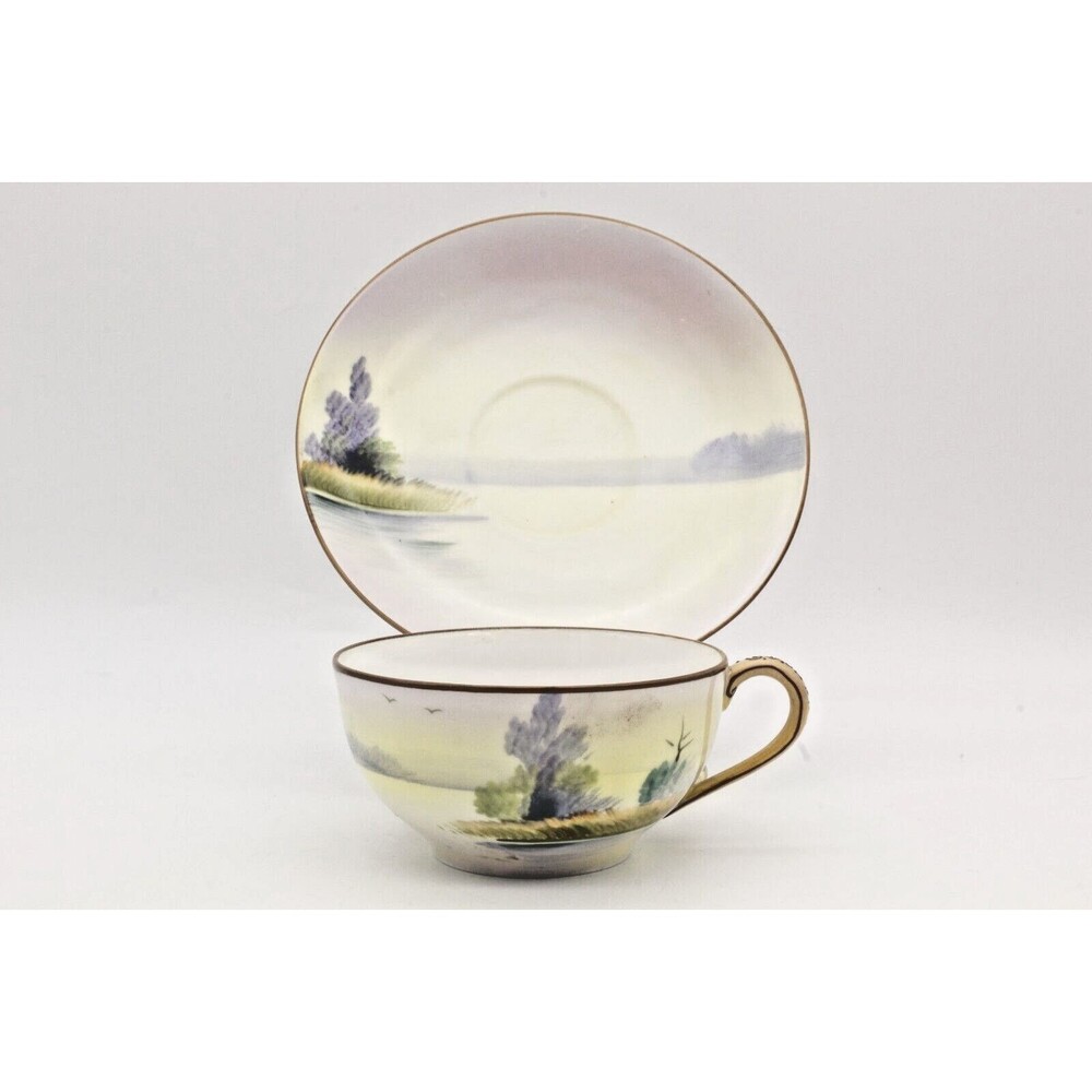 Nippon Tea Cup and Saucer Porcelain Scenic Lake View Hand Painted Japan Vintage